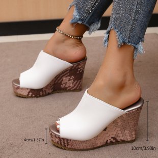 White women's fashion European style Roman wedge shoes with fish mouth design and woven platform heel