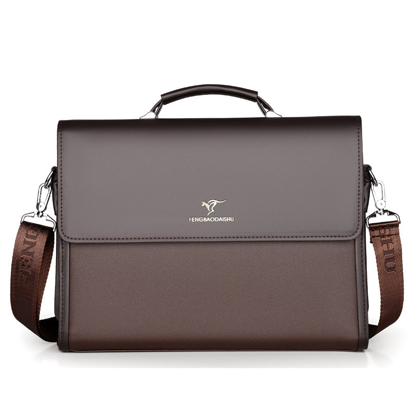 Men's horizontal leather portable briefcase in brown with waterproof PU leather and business style design