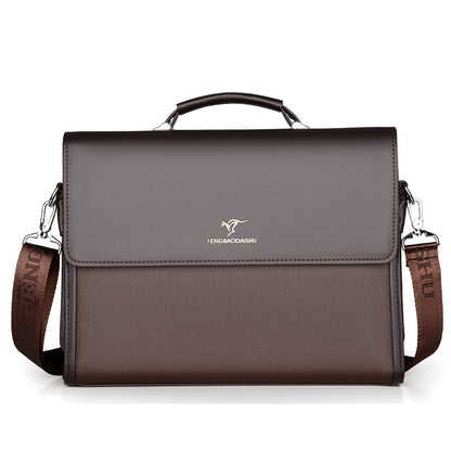 Men's horizontal leather portable briefcase in brown with waterproof PU leather and business style design