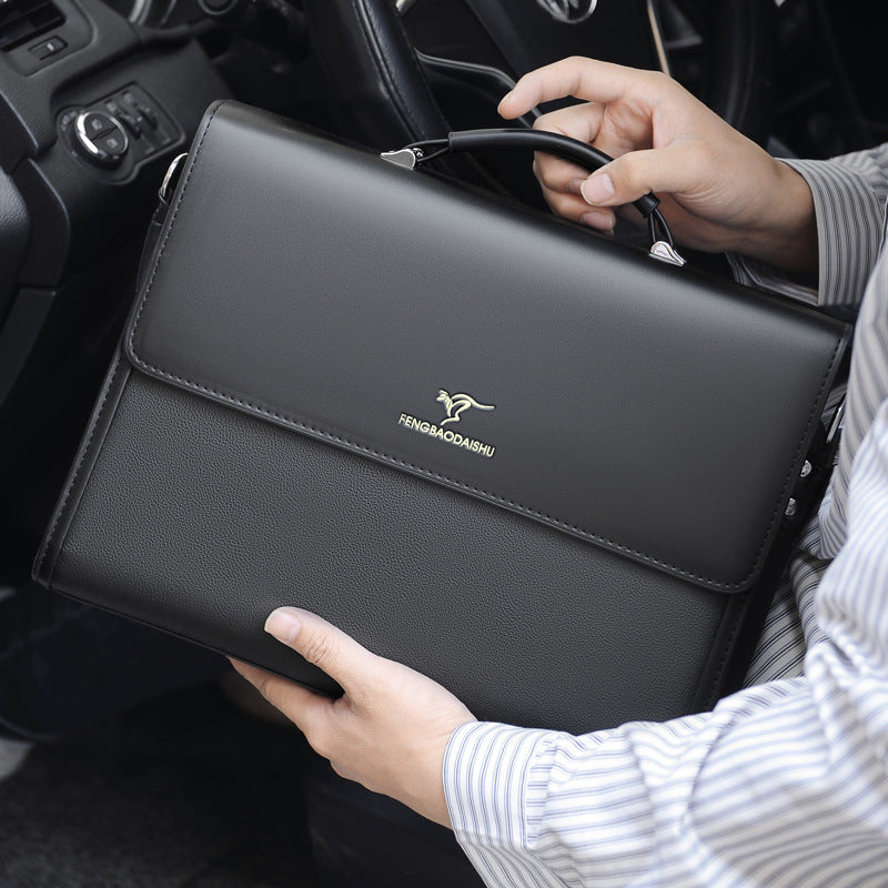 Men's black horizontal leather briefcase with handle, waterproof PU leather business bag
