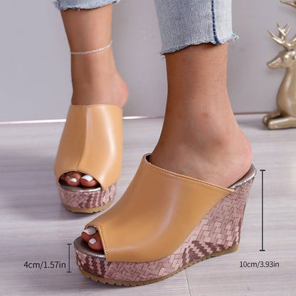 Women's fashion European style women's open toe wedge Roman shoes in apricot color with PU upper material.