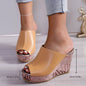 Women's fashion European style women's open toe wedge Roman shoes in apricot color with PU upper material.