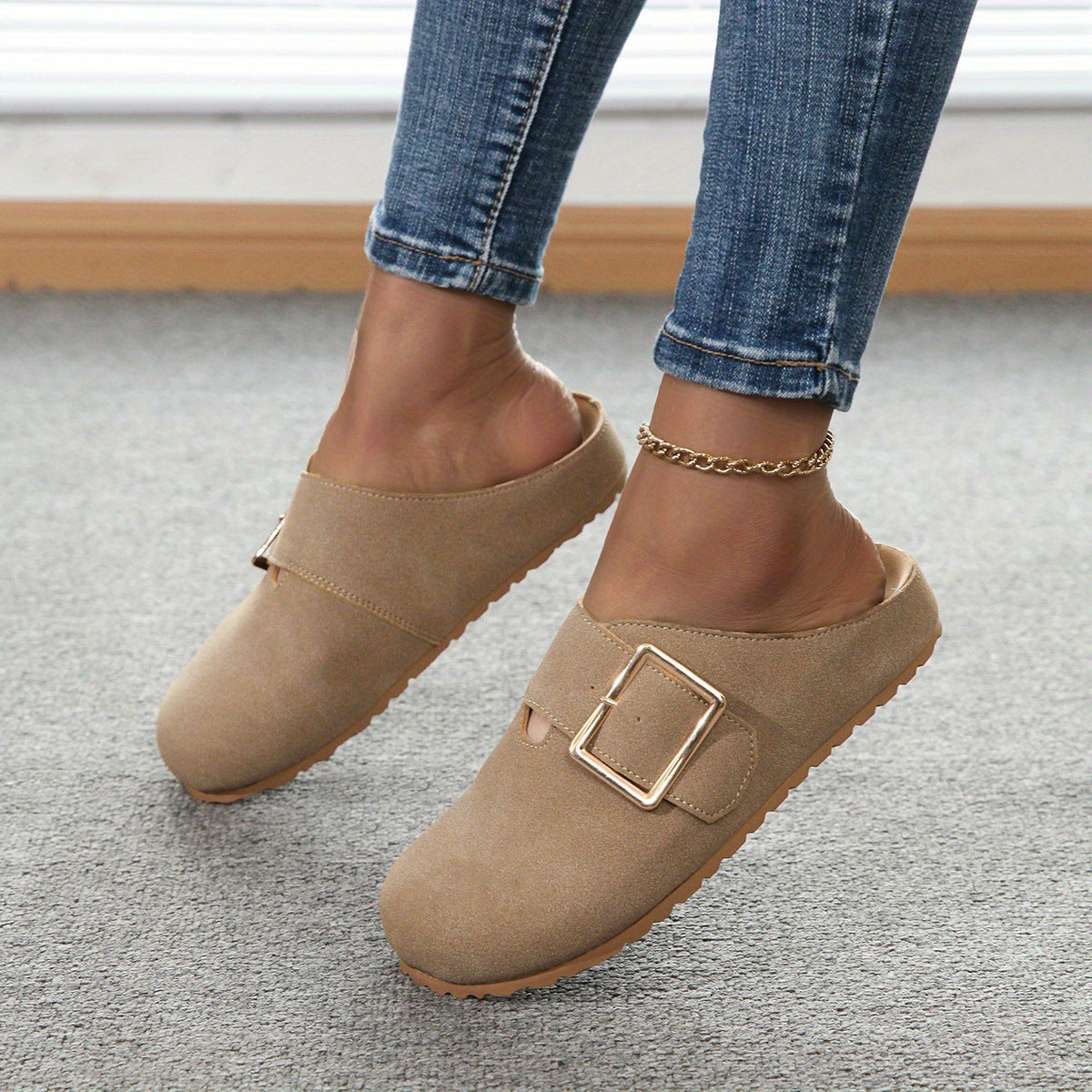 Women's closed toe low top canvas slippers in khaki with buckle detail