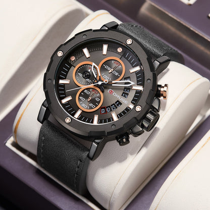 Men's genuine leather strap black luminous quartz watch with alloy case and chronograph features