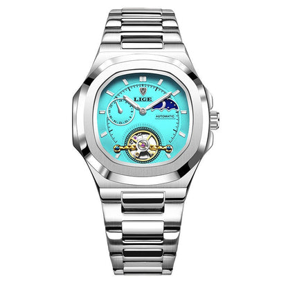 Men's Fashion Business automatic mechanical watch with stainless steel silver bracelet and turquoise dial