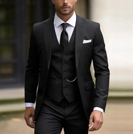 Men's slim fit solid color black three-piece suit with blazer, vest, and pants for formal business wear