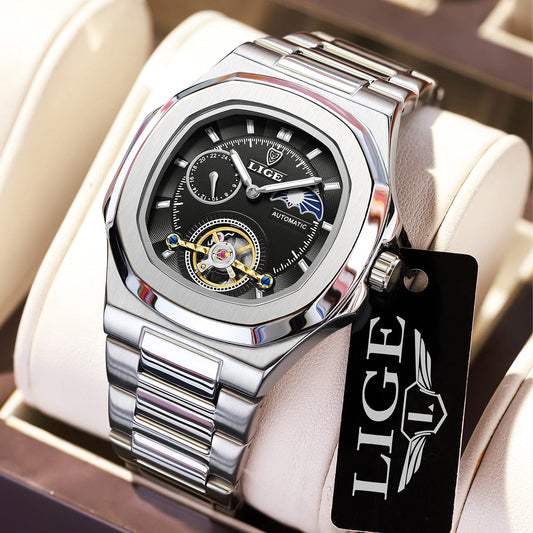 Silver men's fashion business automatic mechanical watch with black dial and stainless steel band