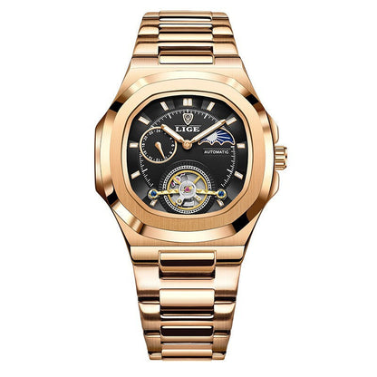 Men's fashion business automatic mechanical watch with gold stainless steel band and black dial