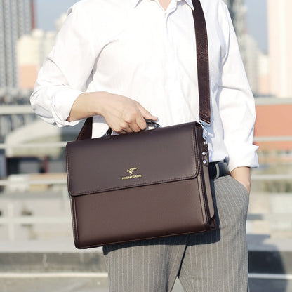 Men's horizontal leather portable briefcase in brown PU leather with waterproof business style design.