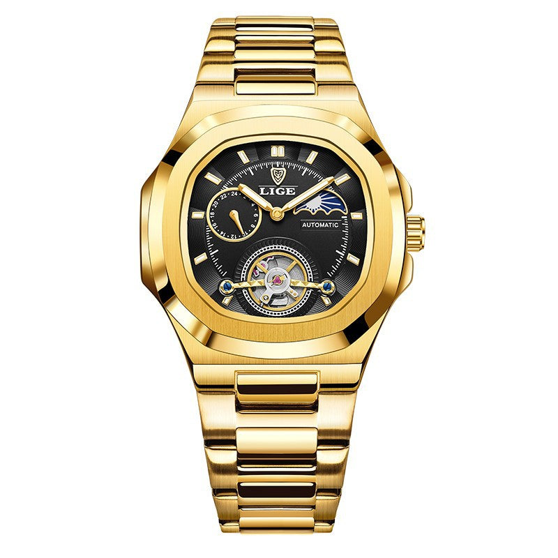 Men's fashion business automatic mechanical watch with gold stainless steel band and black dial