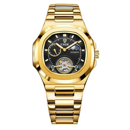 Men's fashion business automatic mechanical watch with gold stainless steel band and black dial