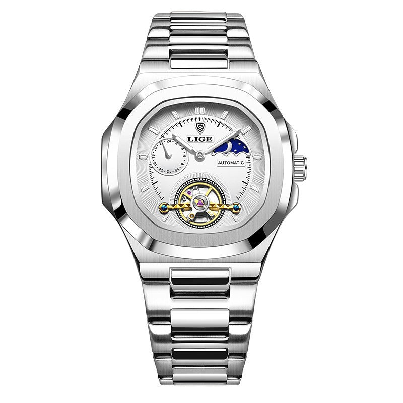 Men's fashion business automatic mechanical watch with silver stainless steel band and white dial