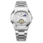 Men's fashion business automatic mechanical watch with silver stainless steel band and white dial