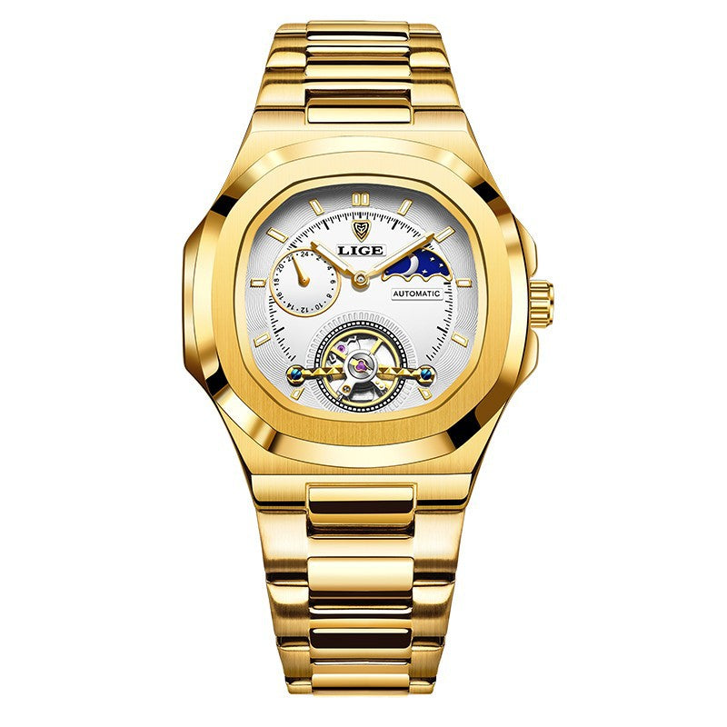Men's Fashion Business automatic mechanical watch with gold stainless steel band and white dial