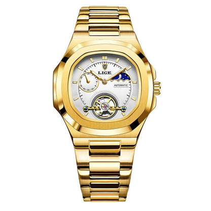 Men's Fashion Business automatic mechanical watch with gold stainless steel band and white dial