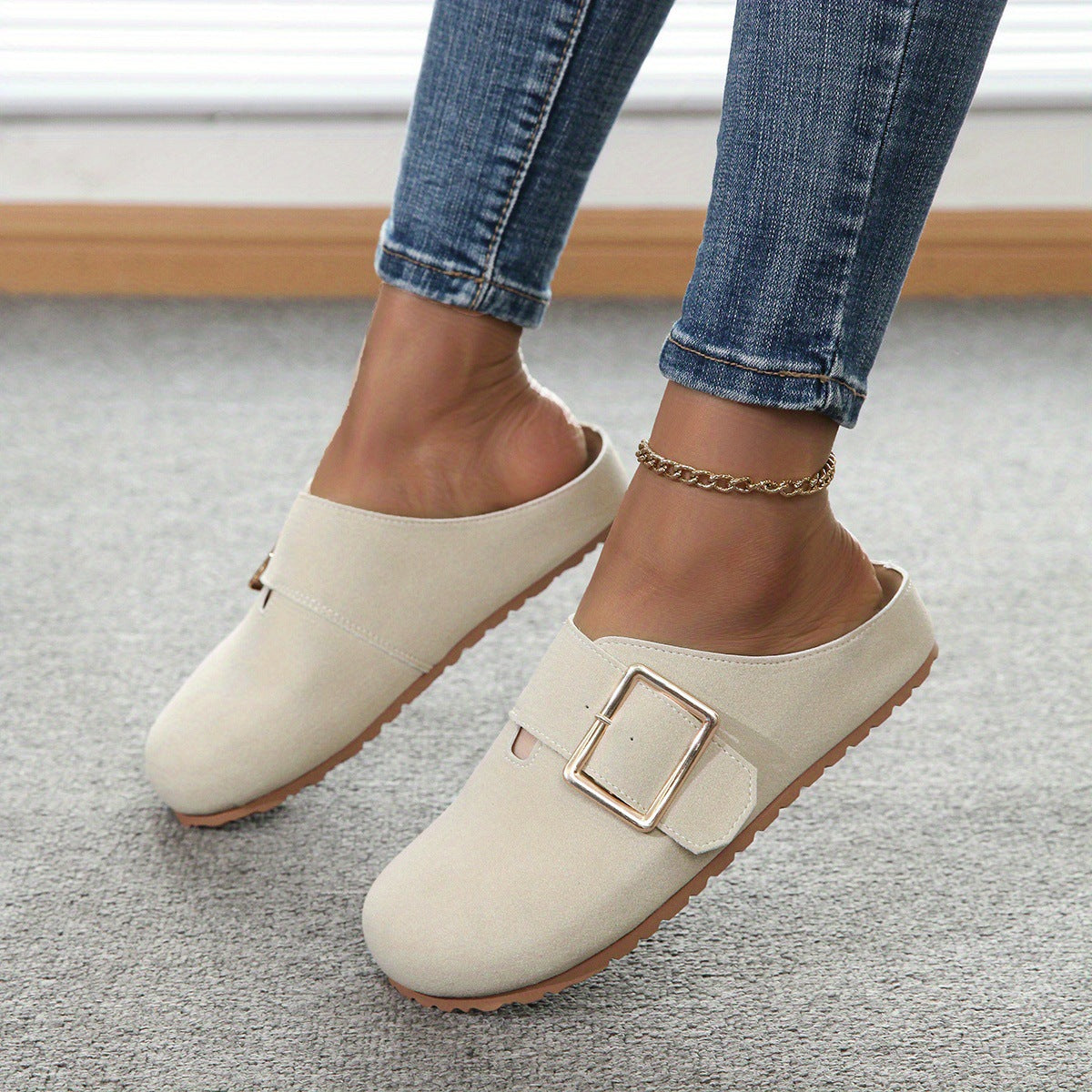 Women's closed toe low top canvas slippers in apricot with buckle detail and rubber sole