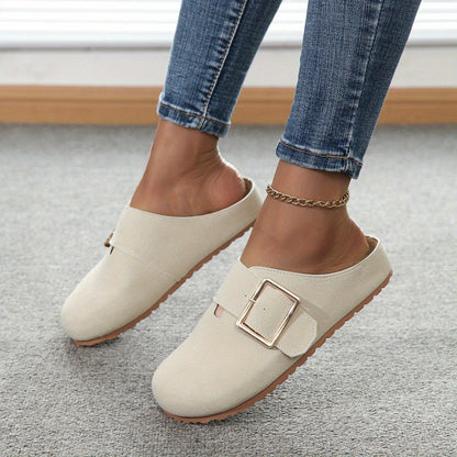 Women's closed toe low top canvas slippers in apricot with buckle detail and rubber sole
