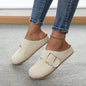 Women's closed toe low top canvas slippers in apricot with buckle detail and rubber sole