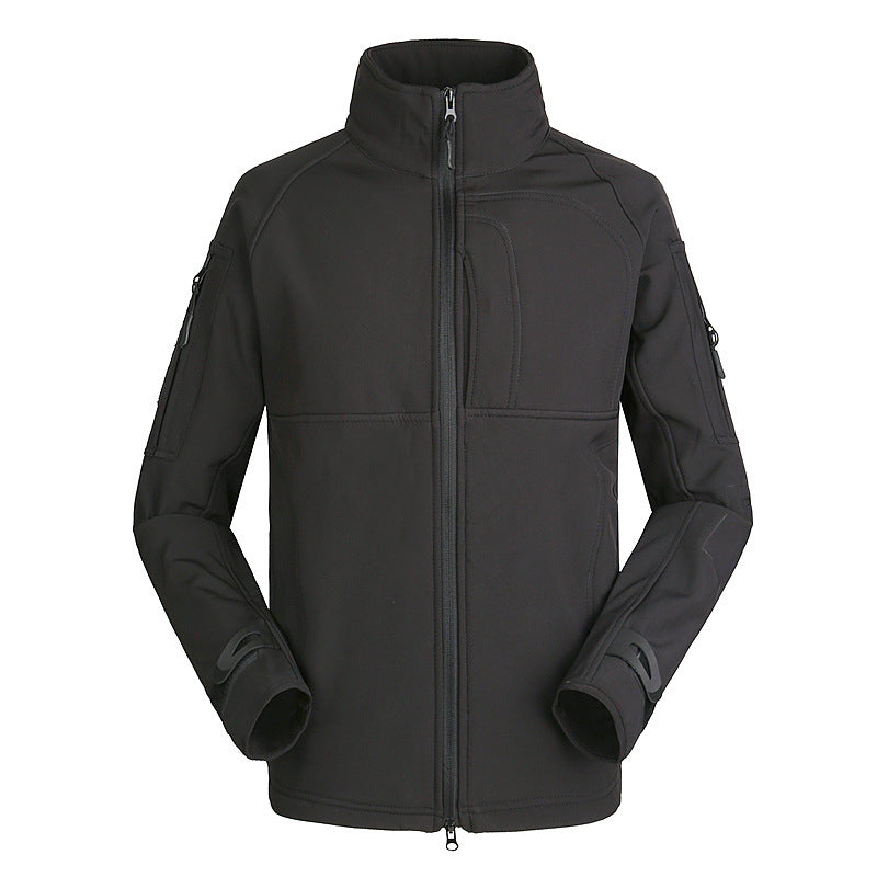 Men's black outdoor jacket coat with stand collar and zippered pockets, lightweight and loose fit for hiking and cycling