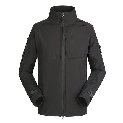 Men's black outdoor jacket coat with stand collar and zippered pockets, lightweight and loose fit for hiking and cycling
