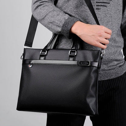 Large capacity black soft leather business briefcase with shoulder strap for men