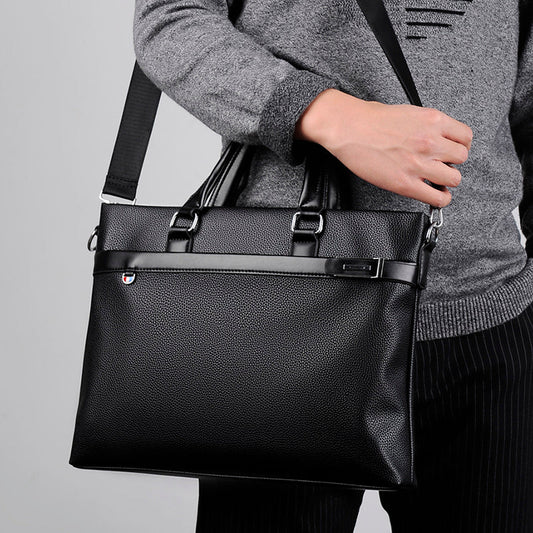 Large capacity black soft leather business briefcase with shoulder strap for men