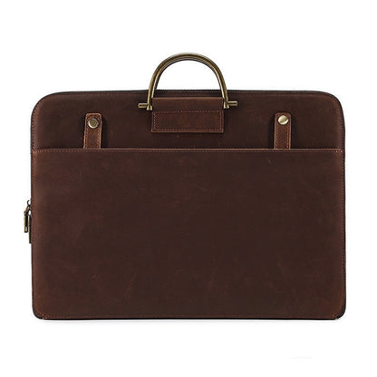 Brown Crazy Horse leather men's business handbag with metal handle and front pocket