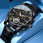 Waterproof luminous automatic mechanical men's watch with black leather strap and black dial