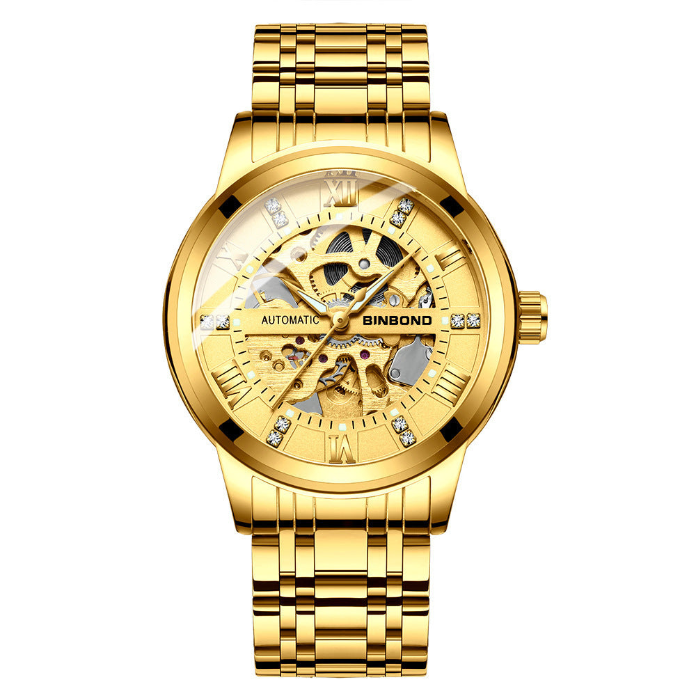 Men's automatic mechanical watch with gold metal band and skeleton dial