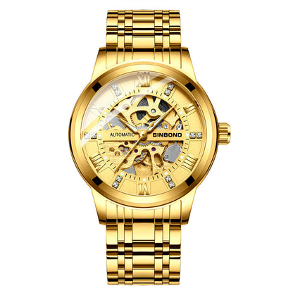 Men's automatic mechanical watch with gold metal band and skeleton dial