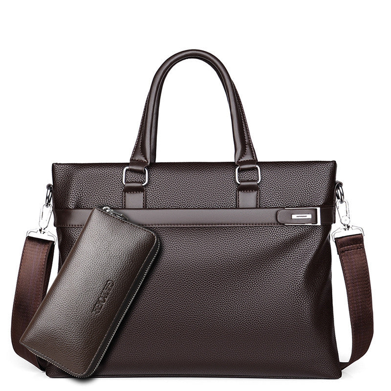 Large capacity brown men's soft leather business handbag with detachable shoulder strap and matching wallet