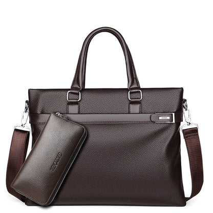 Large capacity brown men's soft leather business handbag with detachable shoulder strap and matching wallet