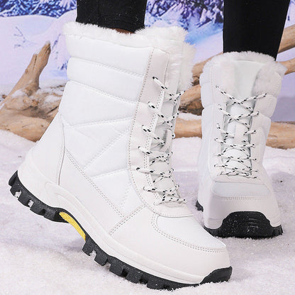 White cotton-padded waterproof snow boots with non-slip rubber sole and front lace-up design for outdoor winter use