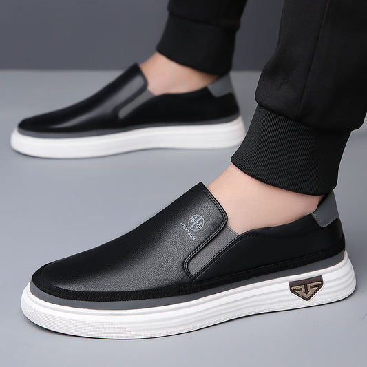 Black men's lazy slip on casual leather shoes with white rubber sole and low top design