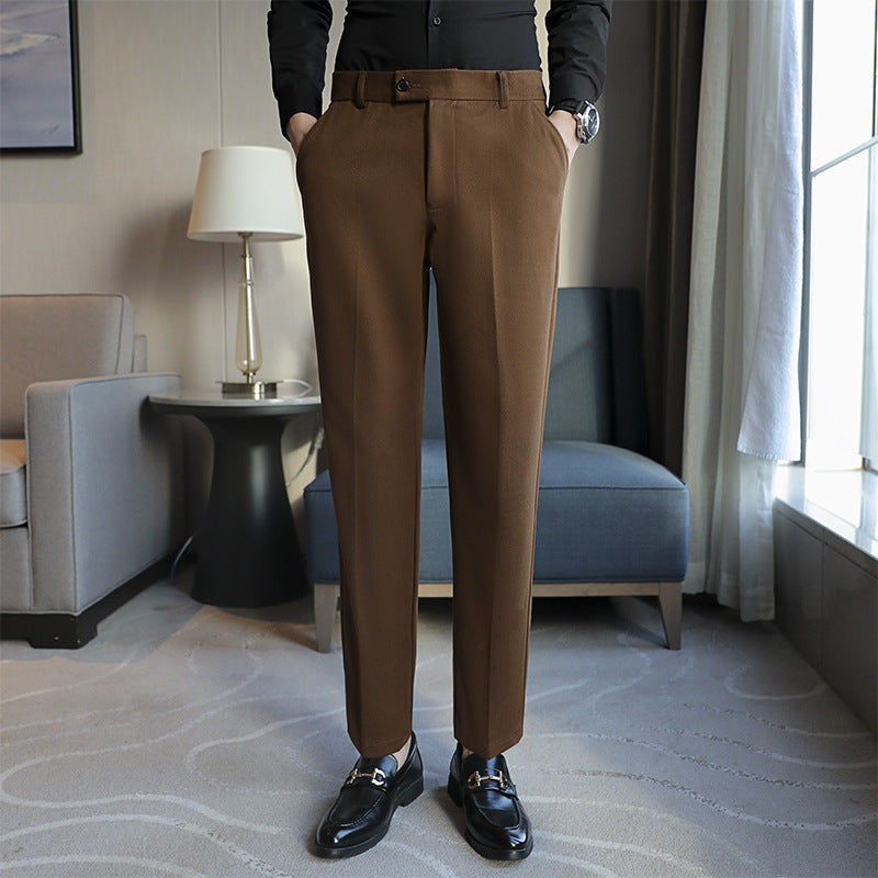 Men's straight retro brown slim fit casual pants in corduroy fabric
