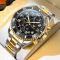Multi-function men's sports watch with black and gold stainless steel band and chronograph features