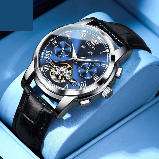 Waterproof luminous men's automatic mechanical watch with blue dial and black leather strap