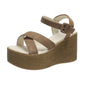 Brown women's platform suede sandal with buckle strap and textured wedge sole