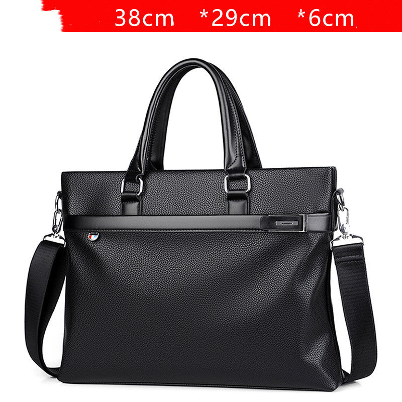 Large capacity black soft leather business briefcase handbag with zipper closure and single shoulder strap, 14-inch laptop size