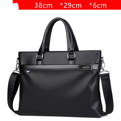 Large capacity black soft leather business briefcase handbag with zipper closure and single shoulder strap, 14-inch laptop size