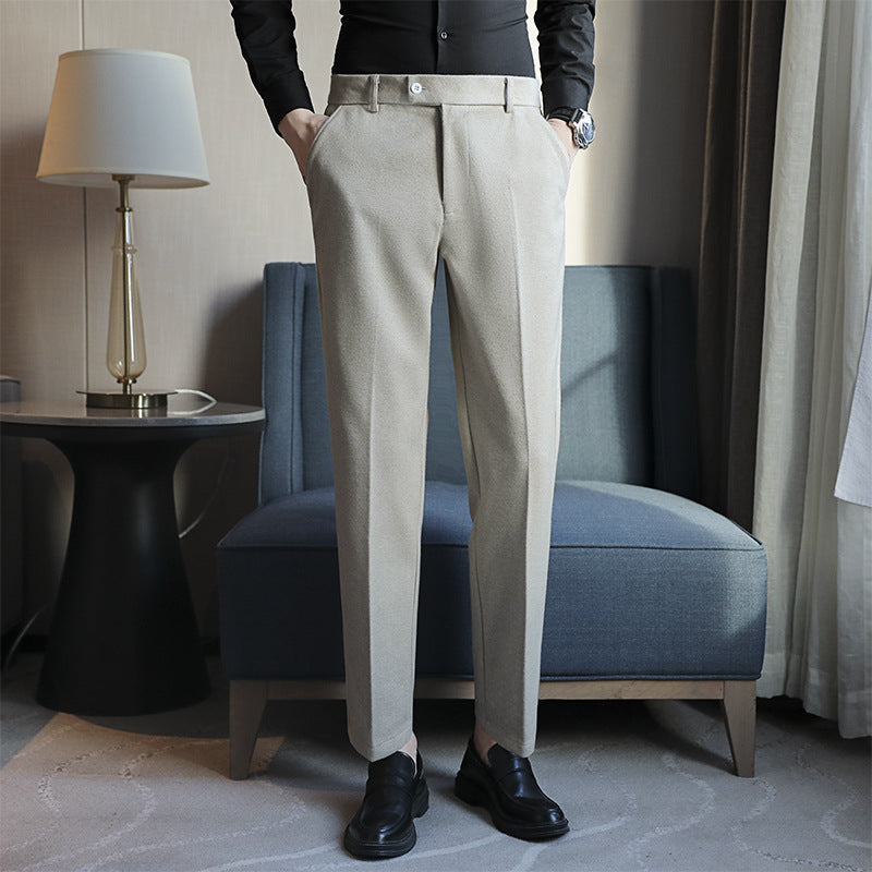 Straight retro brown slim fit corduroy casual pants with elastic waist for men