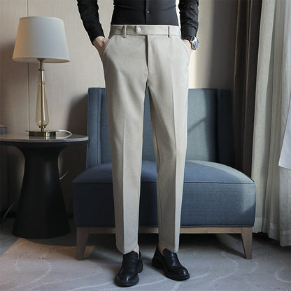 Straight retro brown slim fit corduroy casual pants with elastic waist for men