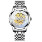 Men's automatic mechanical watch with silver metal strap and partially exposed gold dial mechanism