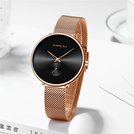 Women rose gold stainless steel mesh strap watch with black dial and minimalist design