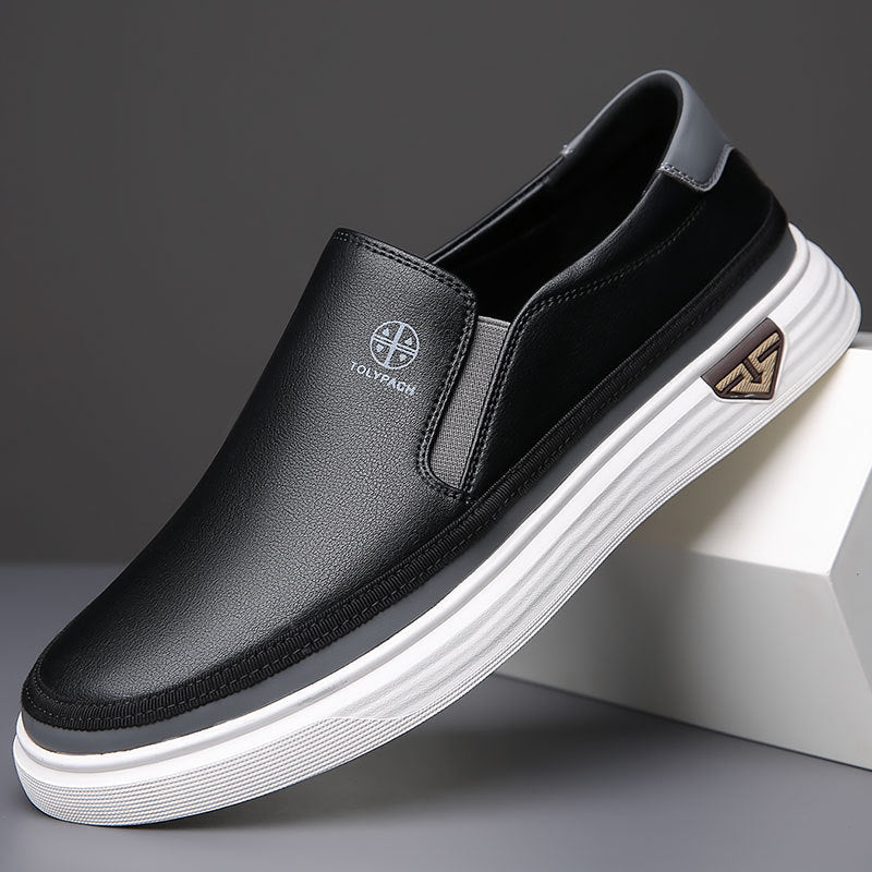 Black men's lazy slip on casual leather shoe with white rubber sole and low heel