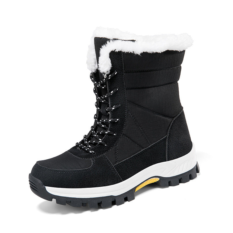 Black cotton-padded waterproof non-slip mid-calf snow boot with white faux fur lining and rubber sole