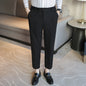 Men's straight slim fit black corduroy casual pants with elastic waist, styled for light business wear