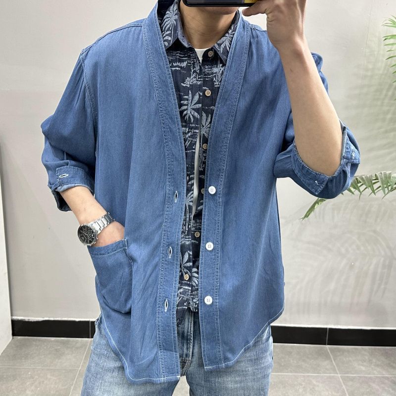 Three-quarter Sleeve Men Casual Denim Coat with V-neck
