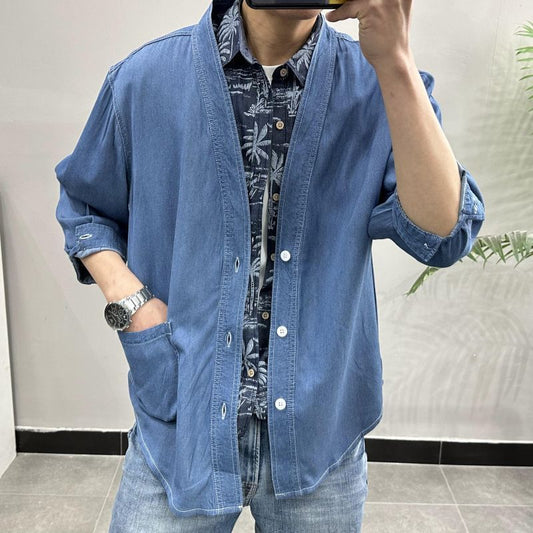 Three-quarter Sleeve Men Casual Denim Coat with V-neck