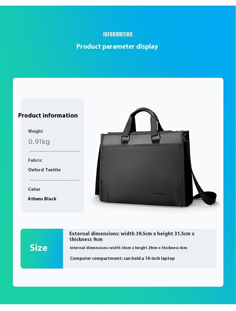 Men's business handheld notebook briefcase in elegant black Oxford cloth with polyester lining, designed for business travel, fits 14-inch laptops